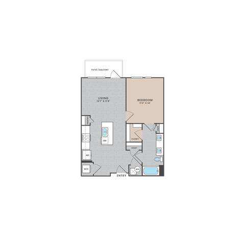 Floor plan for 1 bed, 1 bath, 741 sqft